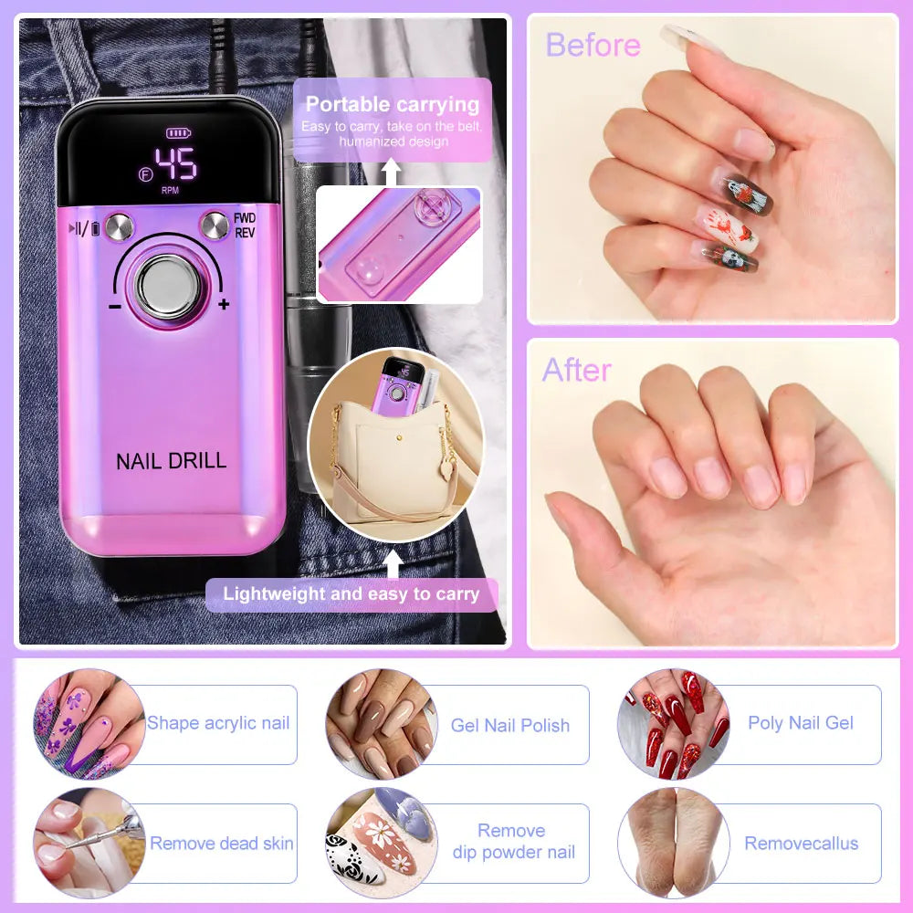 Rechargeable Portable Nail Drill with Listed 45,000 RPM Speed and Type-C Option, White, Pink or Purple Device and Kit Selections for Manicure Work