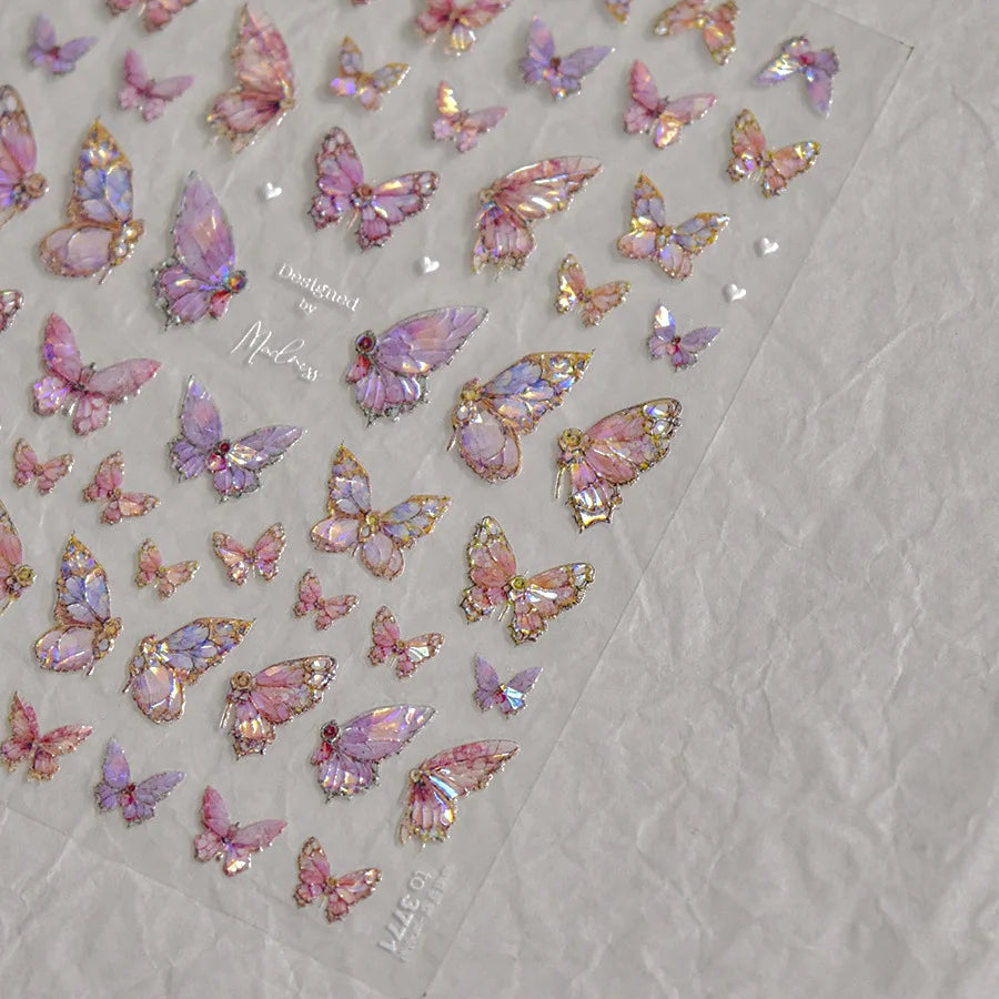 Butterfly 5D Nail Art Stickers, Kawaii Japanese-Inspired Glitter Shell Aurora Style Manicure Decals in Four Design Options for DIY Nail Decoration