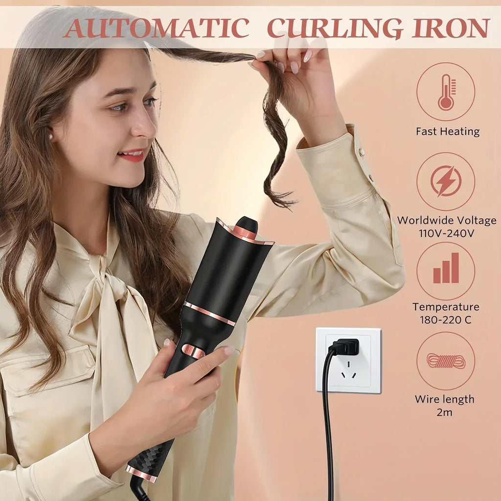 Auto-Rotating Ceramic Curling Iron by TINSOL, 34W Plug-In Hair Styler with Three Heat Settings, Tourmaline Ceramic Heating Surface and 2-Meter Cord