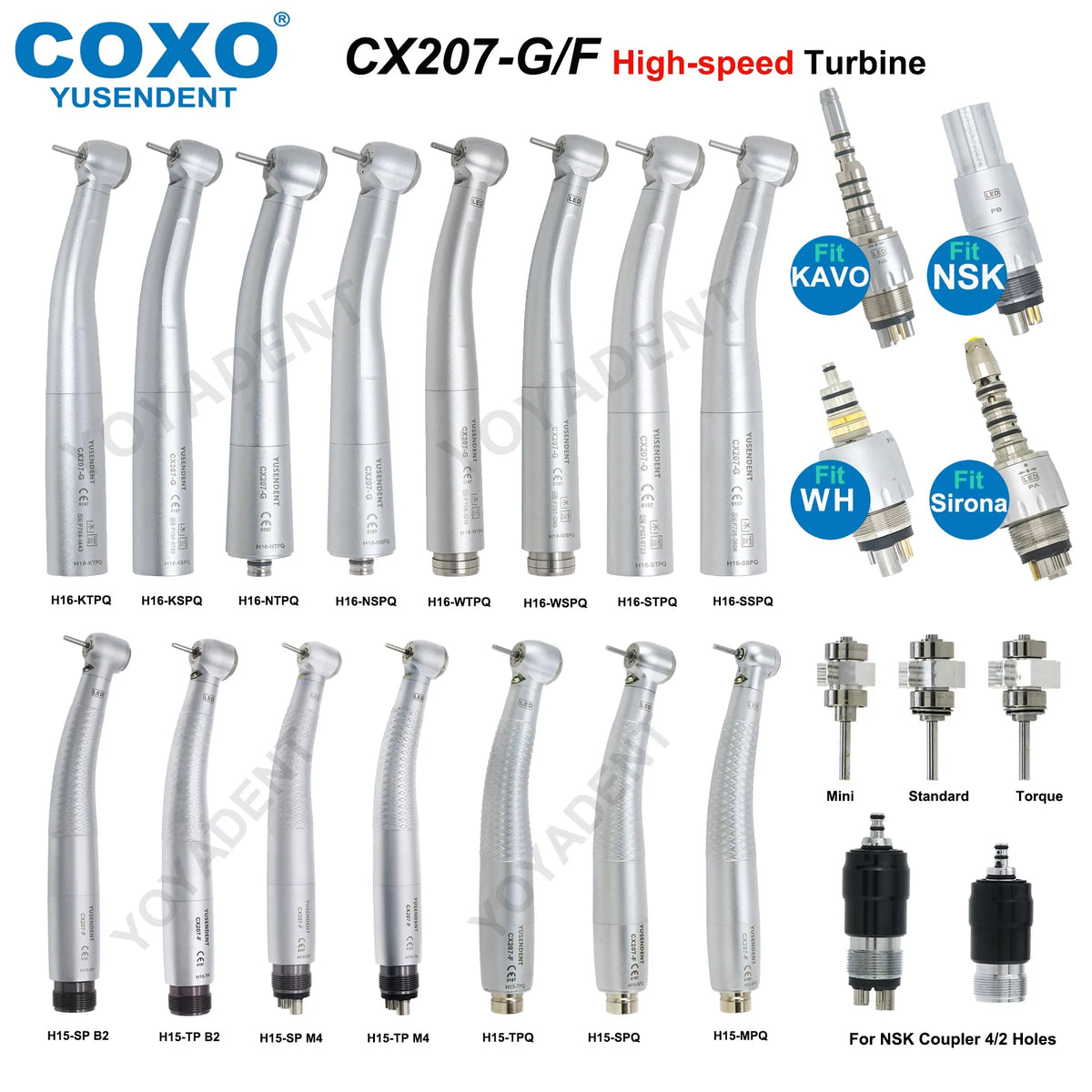 High Speed Dental Turbine Handpiece and Replacement Part Options by COXO YUSENDENT, H15 H16 H05 Models with Coupler, Rotor and Bulb Selections