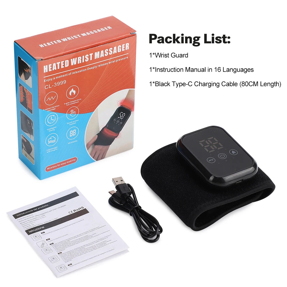 Rechargeable Wrist Heating Pad CL-3999 with Three Heat Settings, Three Vibration Modes and 15-Minute Auto Shutoff, Black Adjustable USB-C Massage Wrap