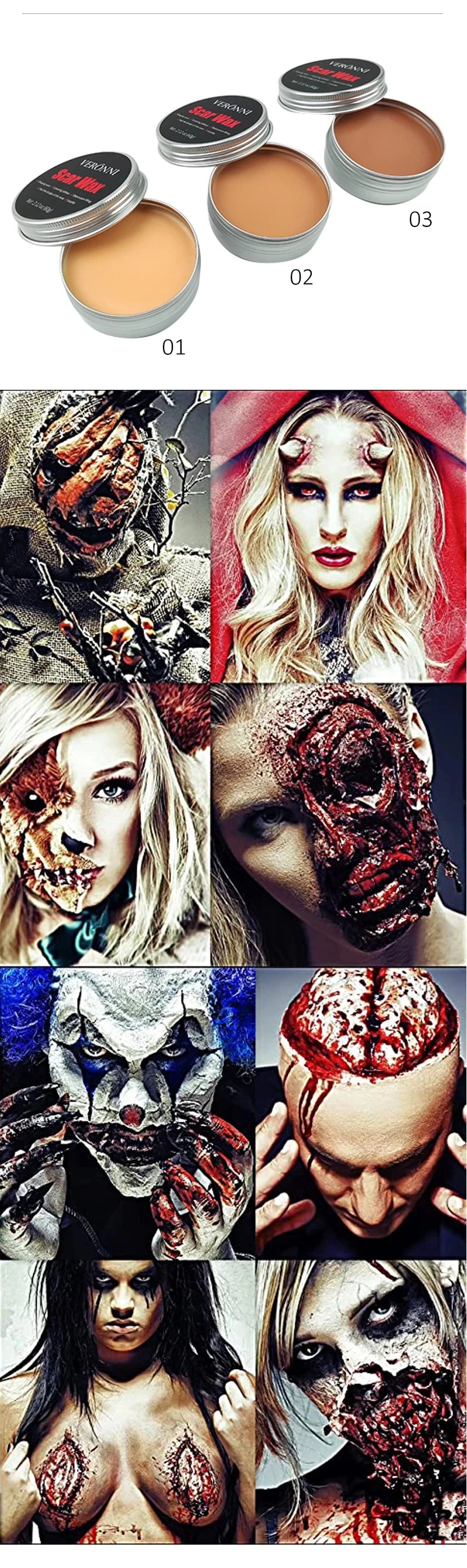 Scar Wax SFX Makeup Options with Listed 60g Wax and Light, Natural or Dark Skin Shade References for Halloween Costumes, Stage and Simulated Wound Effects