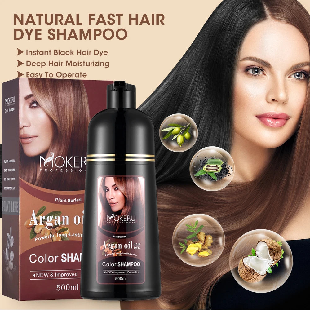Hair Dye Shampoo by Mokeru with Listed Argan Oil, Black Brown Red Purple and Silver Gray Shade Options for Adult At-Home Hair Coloring Routines