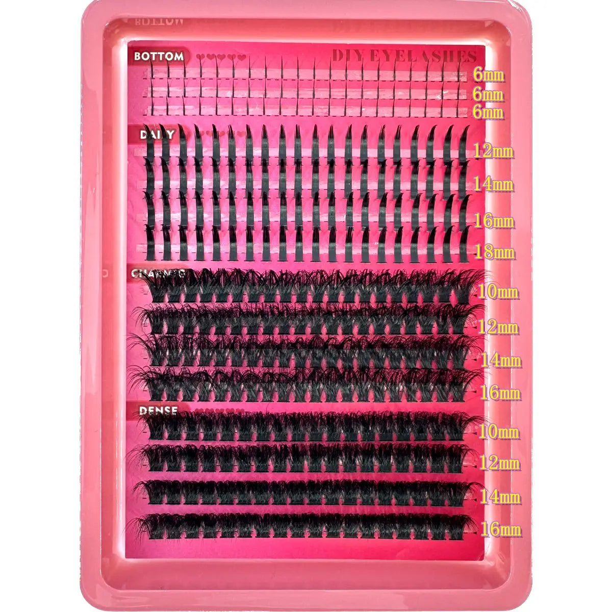 Spiky Manga Lash Clusters with Bottom Lash References, Individual False Eyelashes in 15-Row and 16-Row Style Selections with D or dd Curl and MIX Length Labels