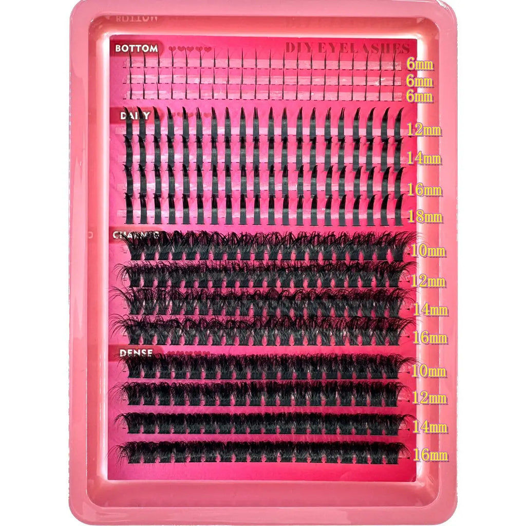 Spiky Manga Lash Clusters with Bottom Lash References, Individual False Eyelashes in 15-Row and 16-Row Style Selections with D or dd Curl and MIX Length Labels
