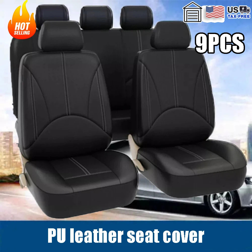 PU Leather Car Seat Cover Set, Nine-Piece Layout with Five Headrest Covers, Two Front Seat Covers and Separate Rear Bench Pieces for Compatible Interiors