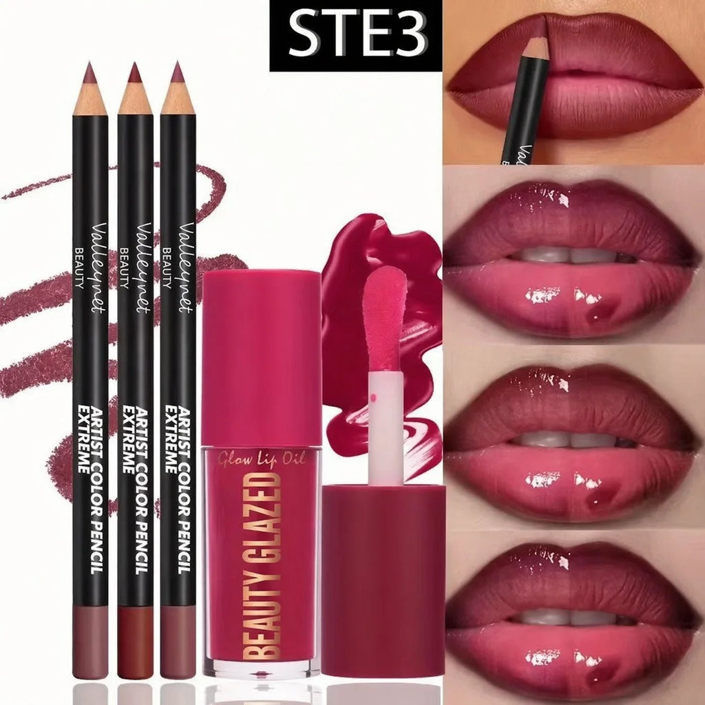 Lip Liner and Glaze Set with Three Liners and One Lip Glaze, Four-Piece Lip Makeup Kit in Three Numbered Options for Everyday Outlining and Evening Looks