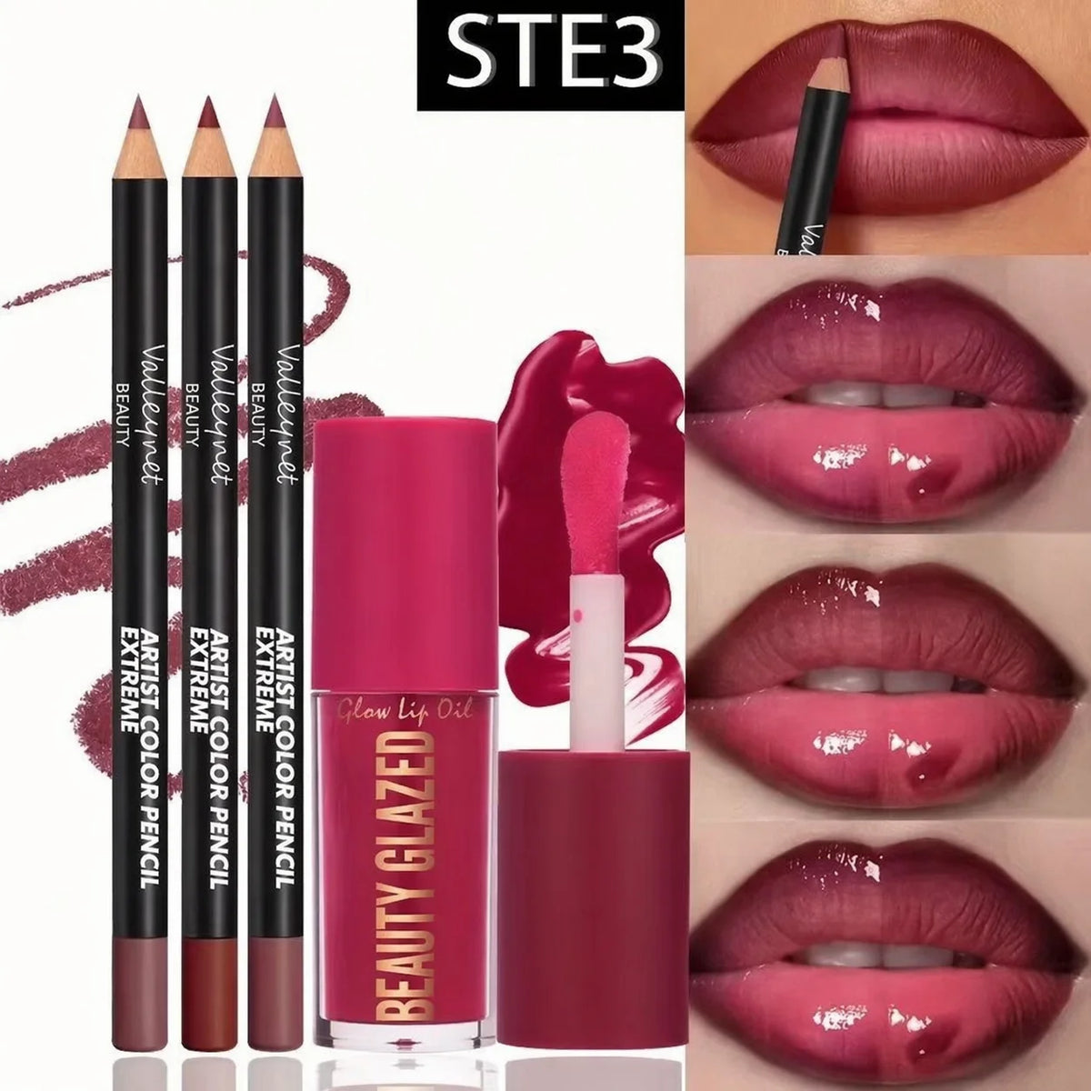 Lip Liner and Glaze Set with Three Liners and One Lip Glaze, Four-Piece Lip Makeup Kit in Three Numbered Options for Everyday Outlining and Evening Looks