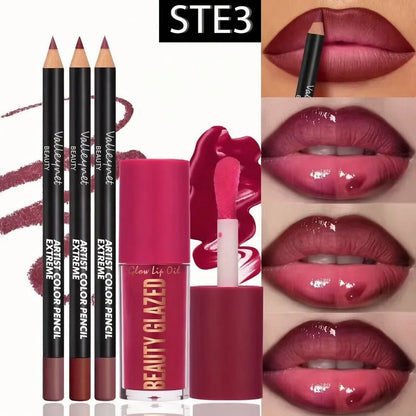 Lip Liner and Glaze Set with Three Liners and One Lip Glaze, Four-Piece Lip Makeup Kit in Three Numbered Options for Everyday Outlining and Evening Looks