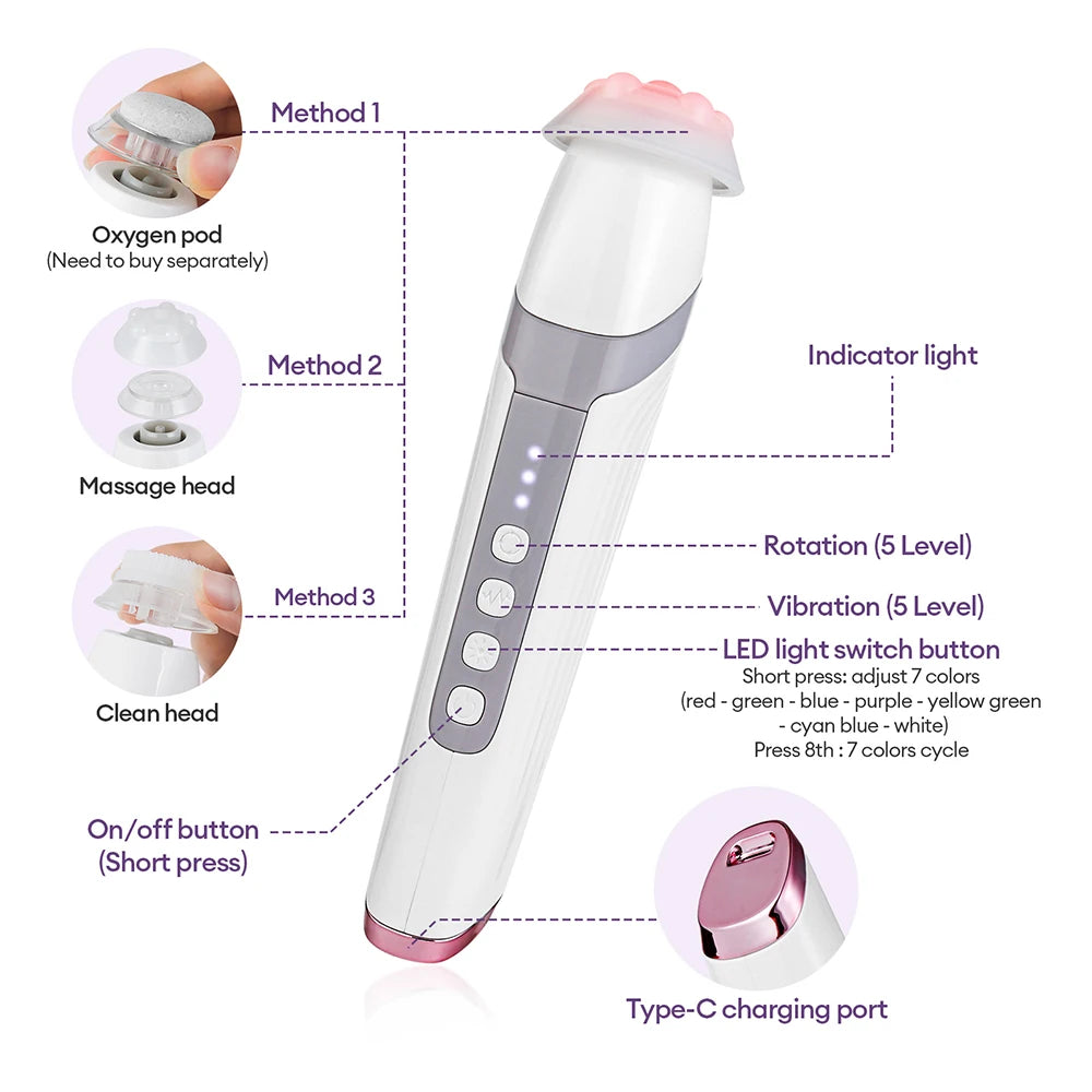 Four-Head Bubble Facial Pen in White with Silicone Massage Tips, Five Vibration and Spin Levels, Eight LED Modes and Type-C Rechargeable Design