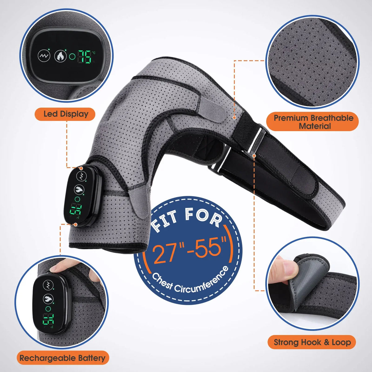 Electric Shoulder Heating Belt with Listed Adjustable Massage and Support Wrap Design, Gray, Black or Black-and-Gray Options for Adult At-Home Personal Care