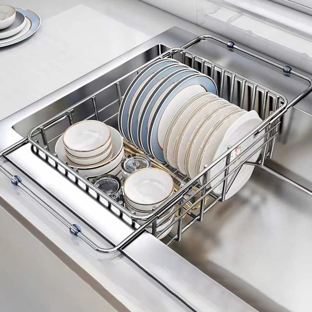 Telescopic Sink Drain Basket, Stainless Steel Expandable Dish Drying Rack with Medium or Large Size Options for Kitchen Cups, Plates and Produce Rinsing