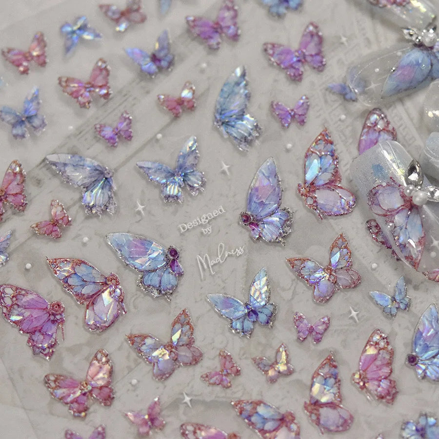 Butterfly 5D Nail Art Stickers, Kawaii Japanese-Inspired Glitter Shell Aurora Style Manicure Decals in Four Design Options for DIY Nail Decoration