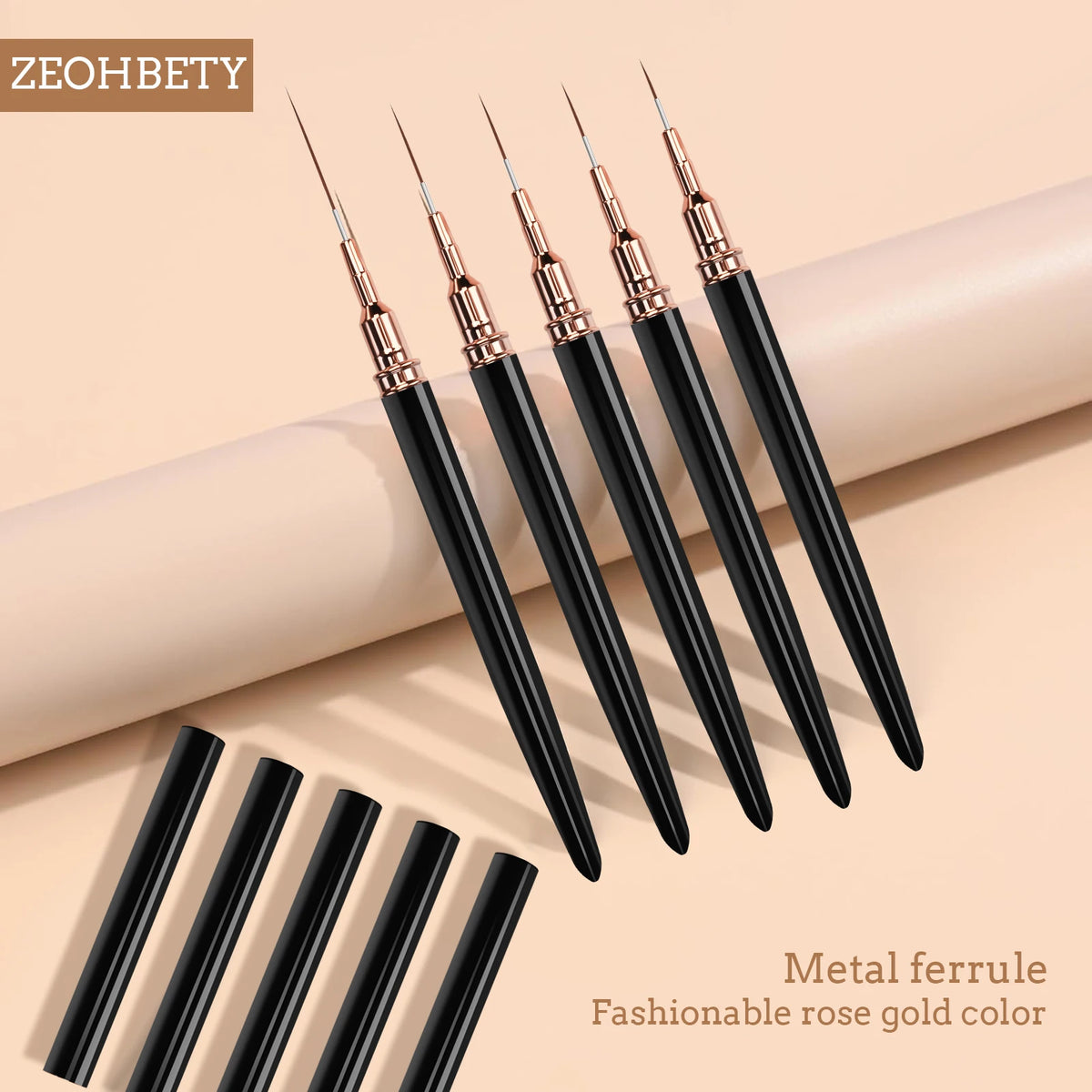 Fine-Line Nail Art Brush Set, 5 Nylon Striping Brushes in 7, 9, 11, 15 and 25mm Sizes for Gel Painting, Floral Designs and DIY Manicure