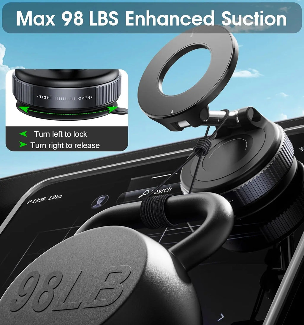 Folding Magnetic Phone Holder, 360° Rotating Vacuum Suction Mount in Black or White for Compatible Car Dashboards, Windshields and Desktop Phone Positioning