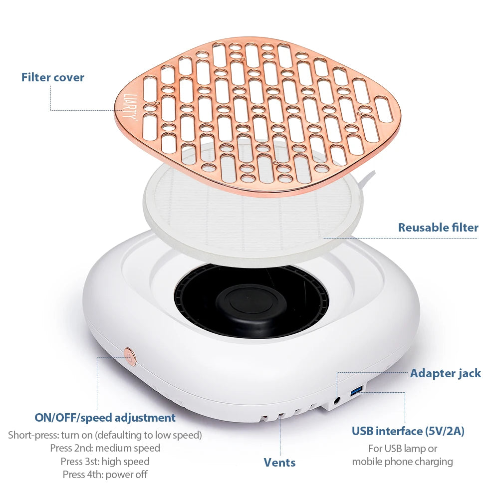 Two-Filter Nail Dust Collector with ABS Body, Adjustable Suction and Listed 23 x 22.5 x 6.9cm Size, Grey, Rose, Silver or Pink Manicure Vacuum Options
