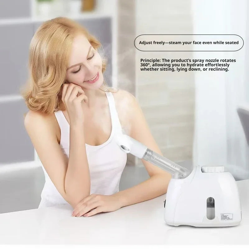Rotating-Outlet Facial Steamer in White, 100ml Hot Steam Device with Extended Arm and Aroma Compartment for Home Beauty Routines, US or EU Options