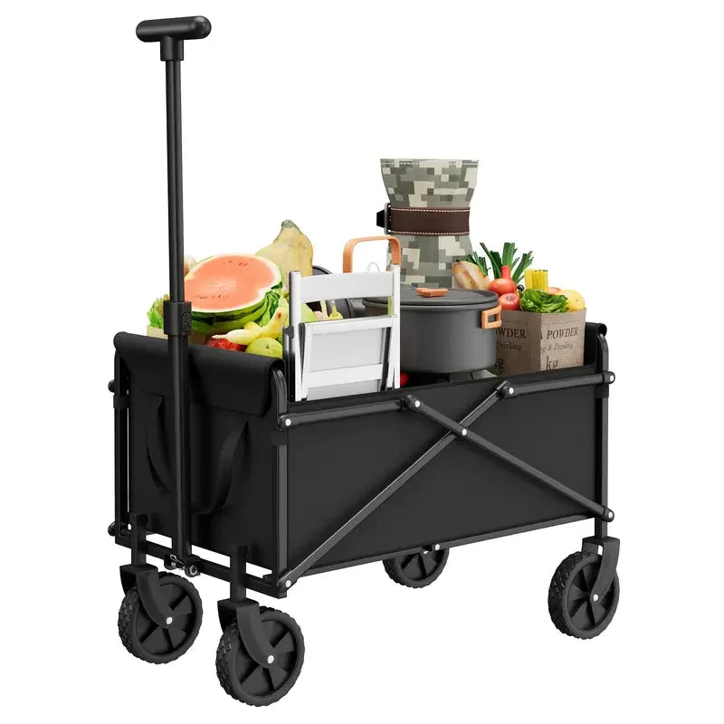 Folding Wagon Cart with Side Pockets and Listed 360-Degree All-Terrain Wheels, Black Collapsible Utility Carrier in Three Load-Labeled Options for Camping Gear