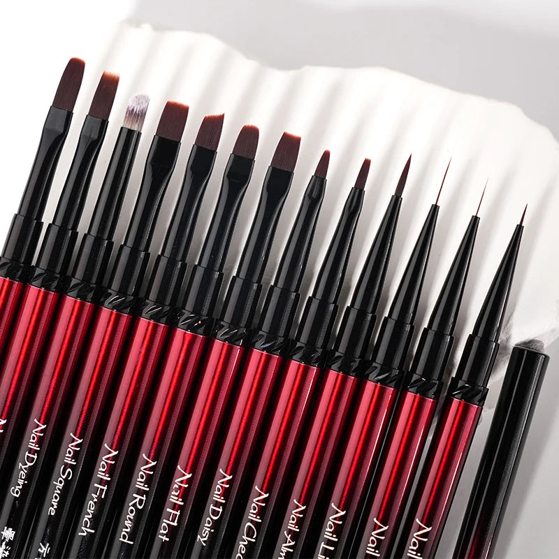 Metal Handle Nail Art Brush Options for Liner, Flower, French and Lace Designs, Individual Brushes, Numbered Bundles or 13-Piece Set with Bucket