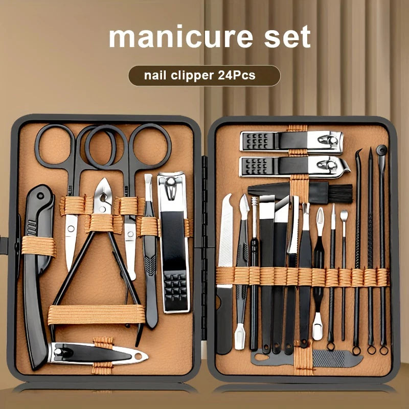 Manicure Grooming Set with Stainless Steel Tool and PU Case References, 24pcs Black-Brown Option for Adult Personal Nail Trimming and Pedicure Care