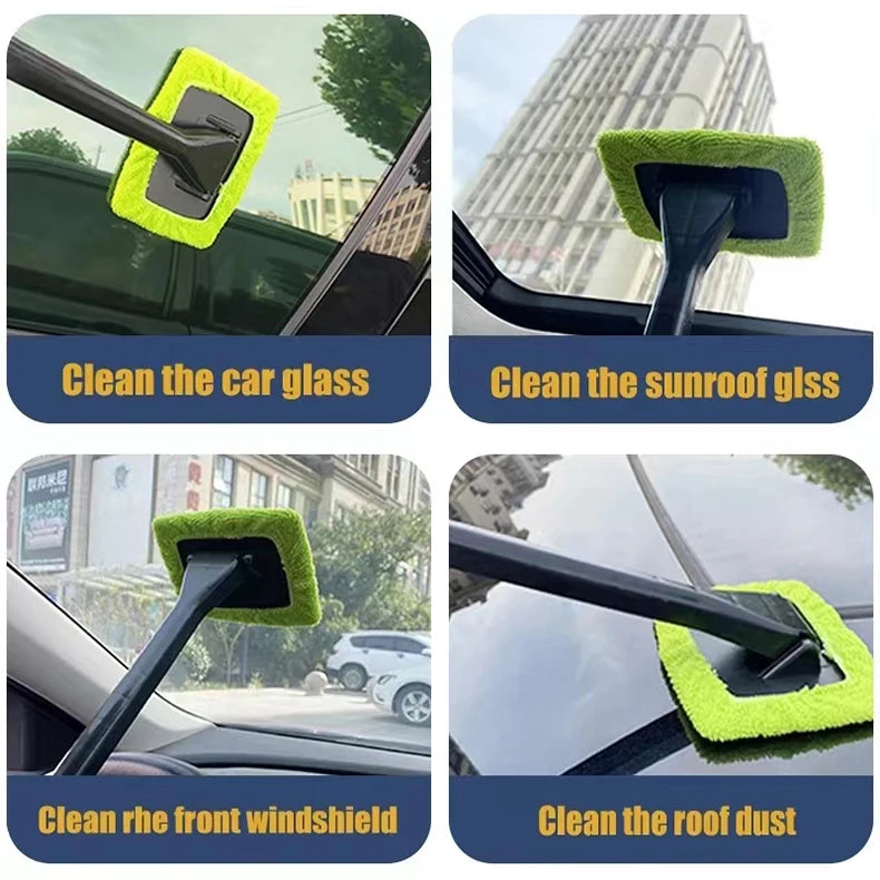 Car Windshield Cleaning Wand with Washable Microfiber Bonnet and Long Handle for Interior Auto Glass Care, Color Choices and Blue Three-Cloth Option
