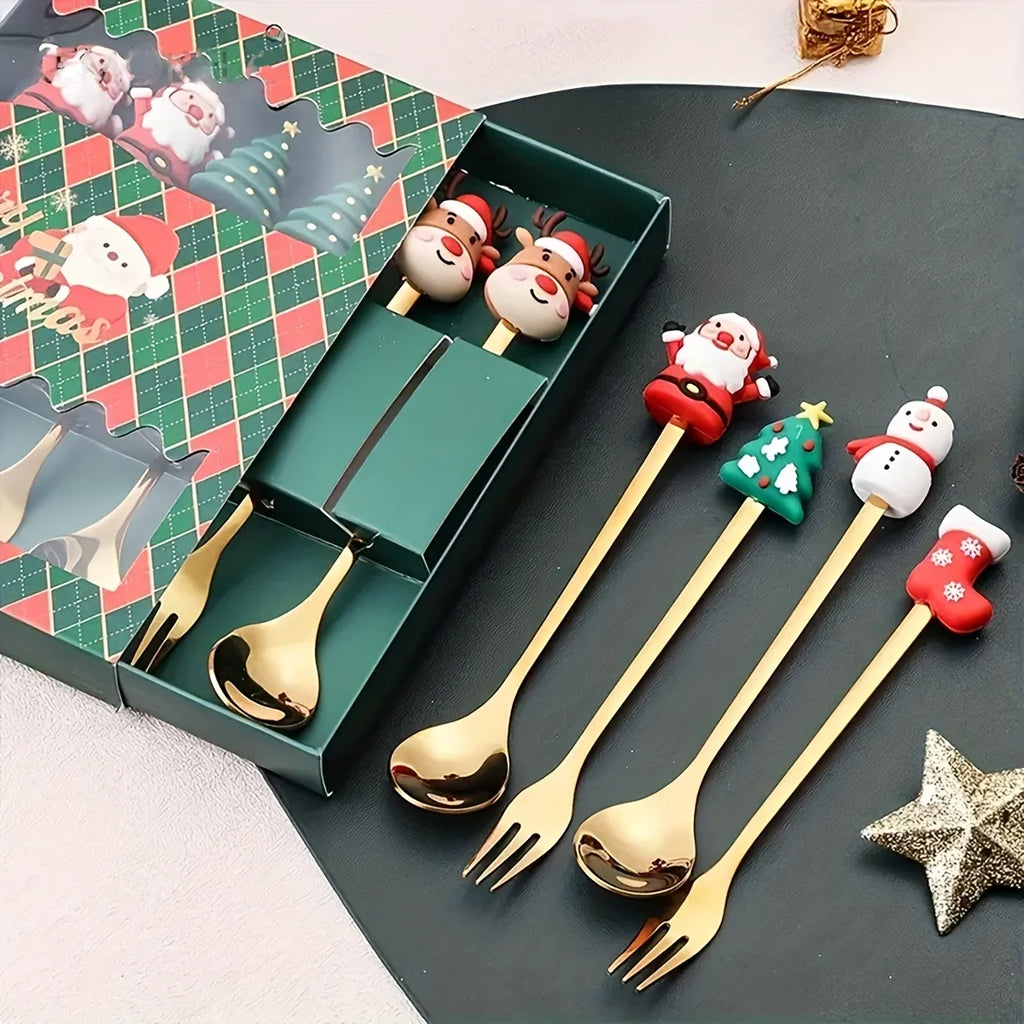 Christmas Spoons and Forks Set in Stainless Steel with 2, 4 or 6-Piece Spoon-Only and Mixed Options for Festive Coffee, Tea, Dessert Tables and Holiday Gifts