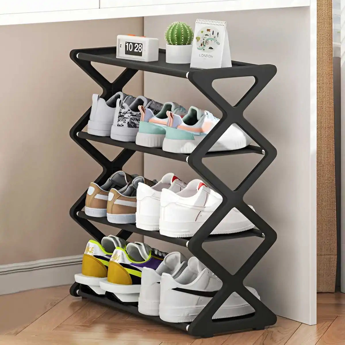 Four-Tier X-Frame Shoe Rack with Steel Tubes and Cloth Shelves, Compact Tool-Free Footwear Organizer for Entryways, Dorm Rooms and Bedroom Storage