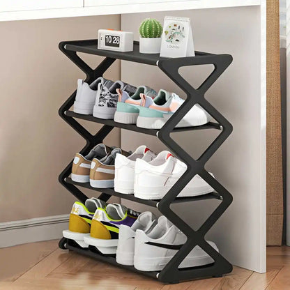 Four-Tier X-Frame Shoe Rack with Steel Tubes and Cloth Shelves, Compact Tool-Free Footwear Organizer for Entryways, Dorm Rooms and Bedroom Storage