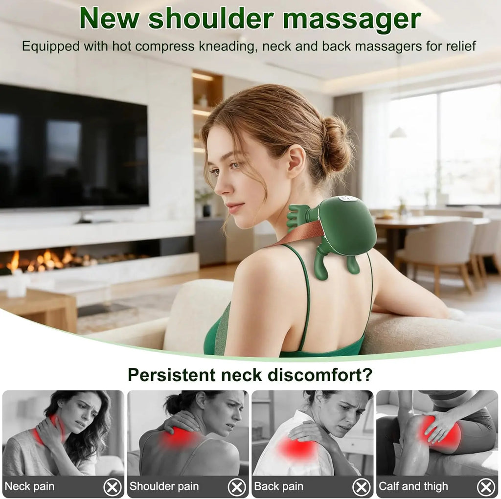 Wireless Neck and Back Massager with Heat, Battery-Powered 4D Shiatsu-Style Kneading Device in Green Silver Switch Option for Adult Relaxation Routines