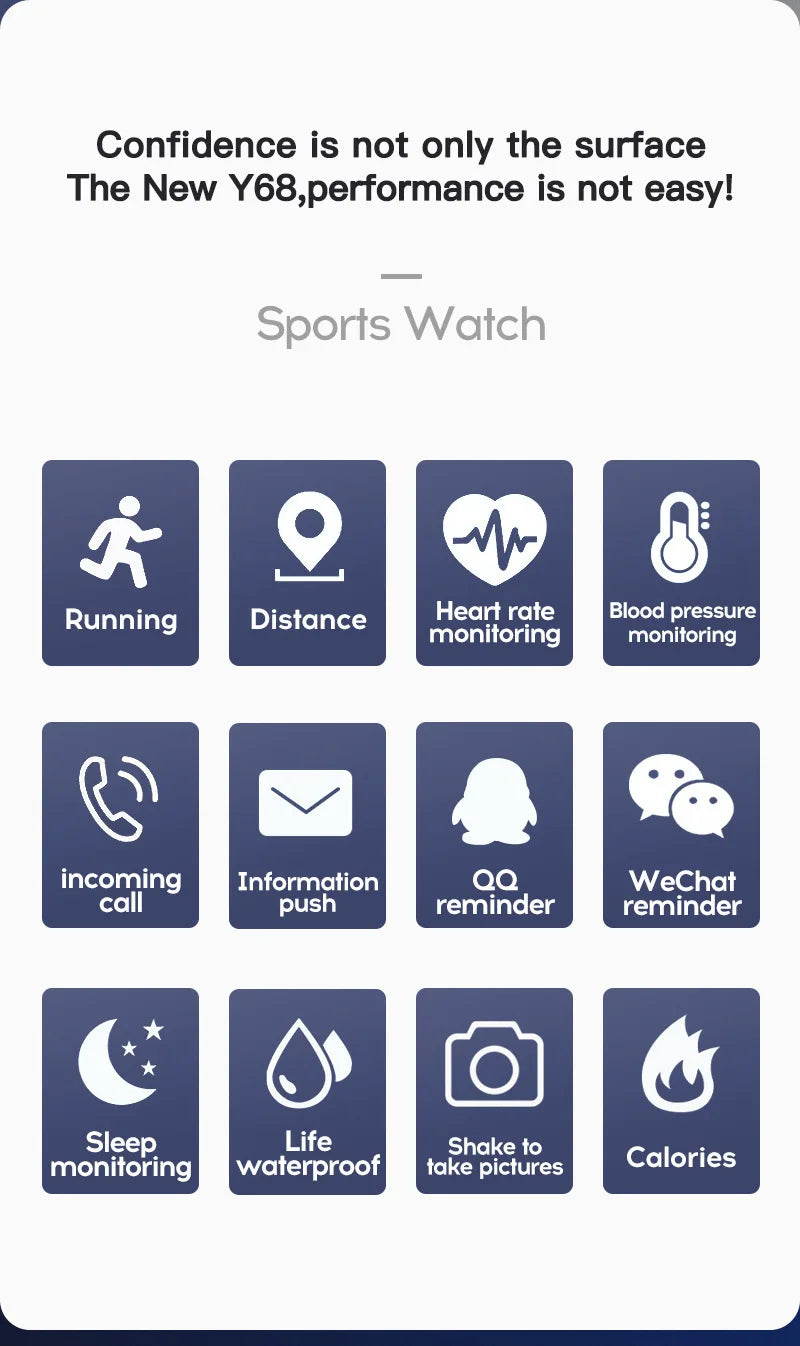 Y68 Smart Watch with Original Box for Men and Women, Gray, Black, White or Pink Wearable with Listed Sleep Monitoring and Heart Rate Functions for Compatible iOS and Android Phones