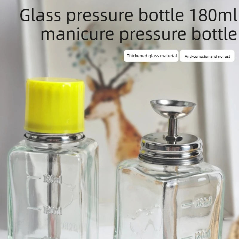Nail Polish Remover Dispenser Bottle, 180ml Square Refillable Glass Container with Push-Down Pump for Home Manicures and Salon Nail Stations