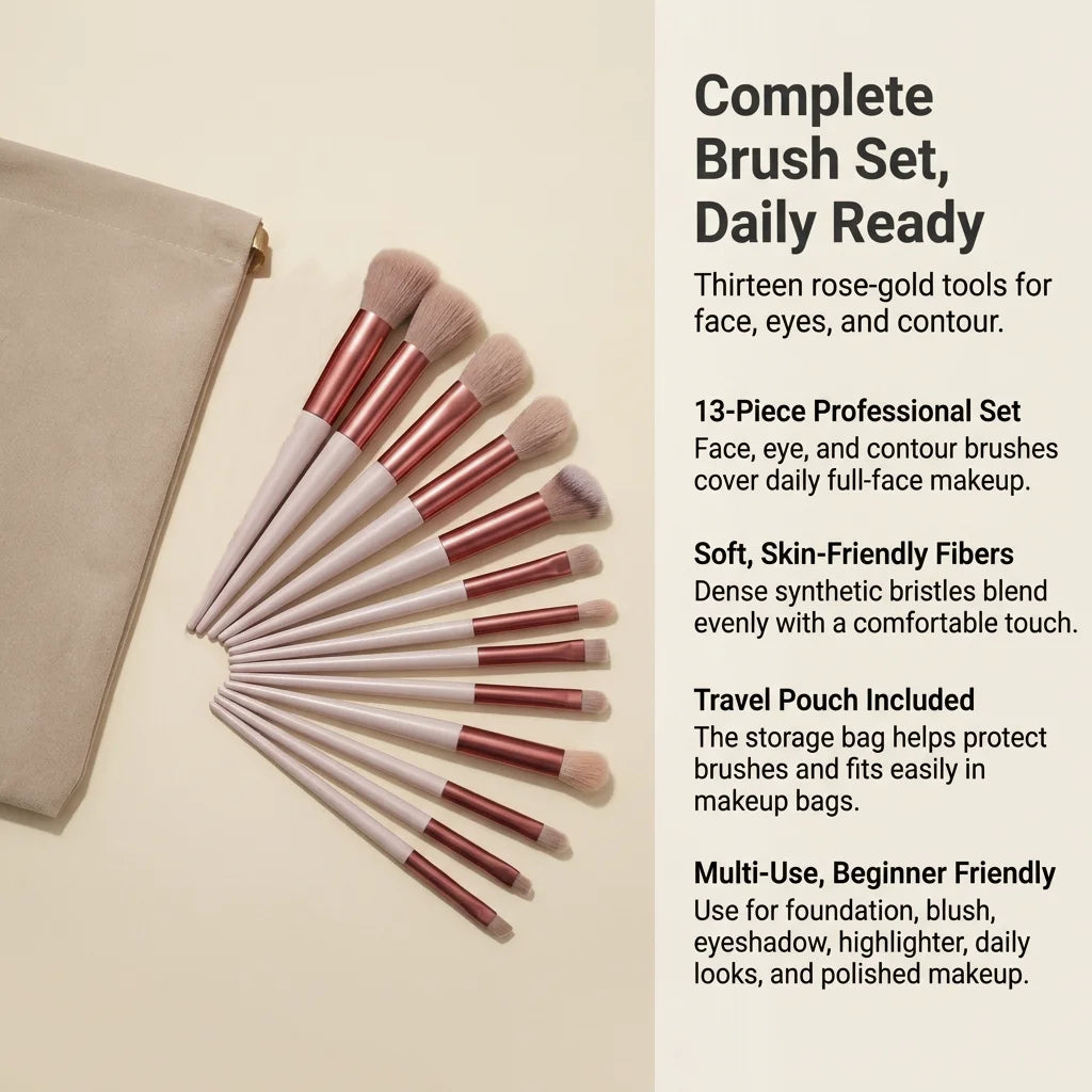 Synthetic Makeup Brush Set with Soft Fibers, Plastic Handles and Aluminum Ferrules, Color Choices and Select Bag Options for Foundation, Eyeshadow and Blush