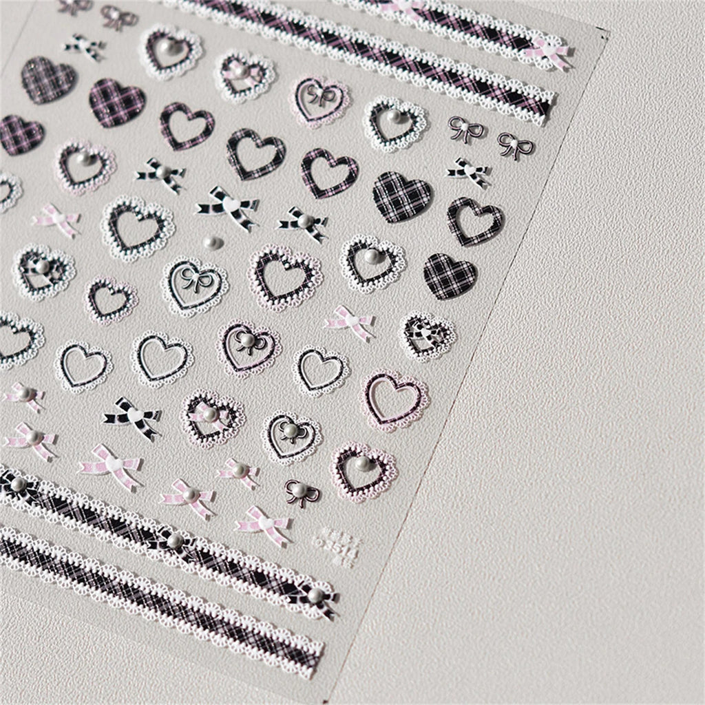 Kawaii Lace Nail Stickers, 1 Sheet of 5D Relief Self-Adhesive Bow and Red Heart Decals for Japanese-Style Wedding and Everyday DIY Manicures