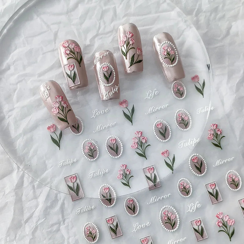 1Pcs 5D Tulip Flower Nail Stickers Embossed Self Adhesive Summer Design For Women Household Salon Manicure Supply