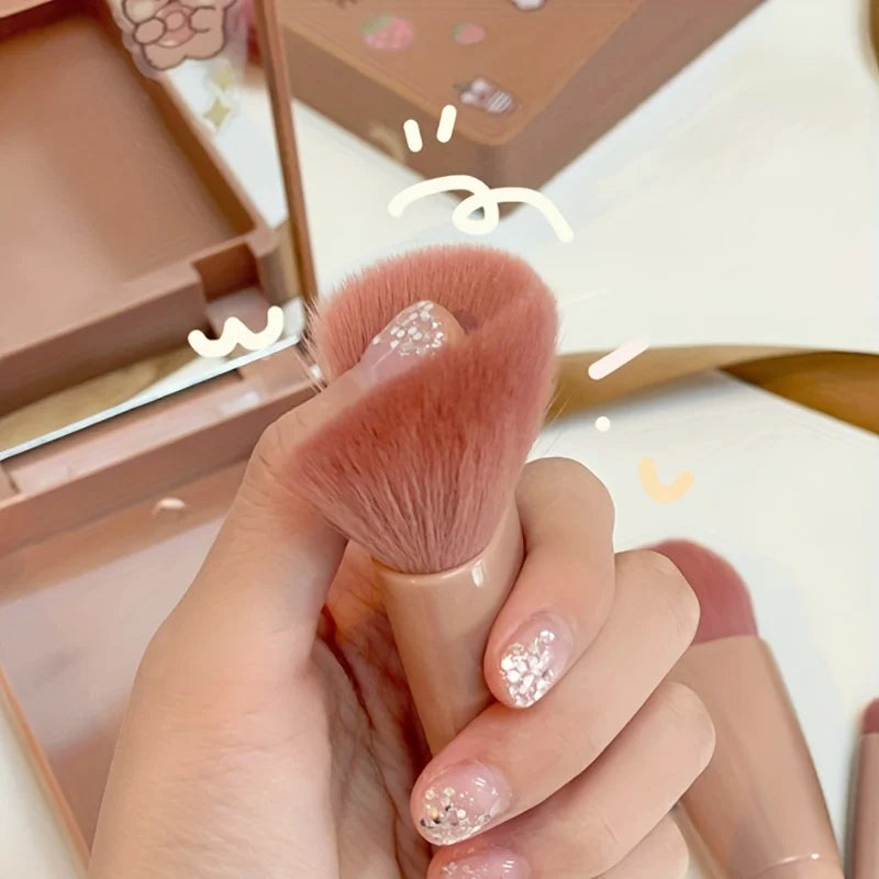 Mini Makeup Brush Set with Mirror and Foldable Travel Design, Listed Five-Piece Beauty Kit in Coffee Pink, Pink or Green for Everyday Touch-Ups
