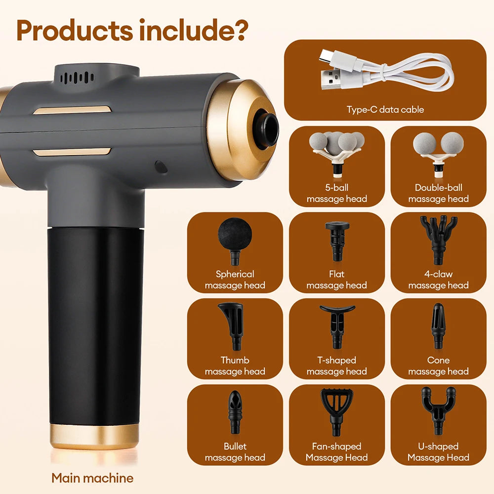 11-Head Massage Gun with 99 Adjustable Settings, USB-C Rechargeable Personal Massager with 1500mAh Battery and 10-Minute Timer for Adult Home Comfort