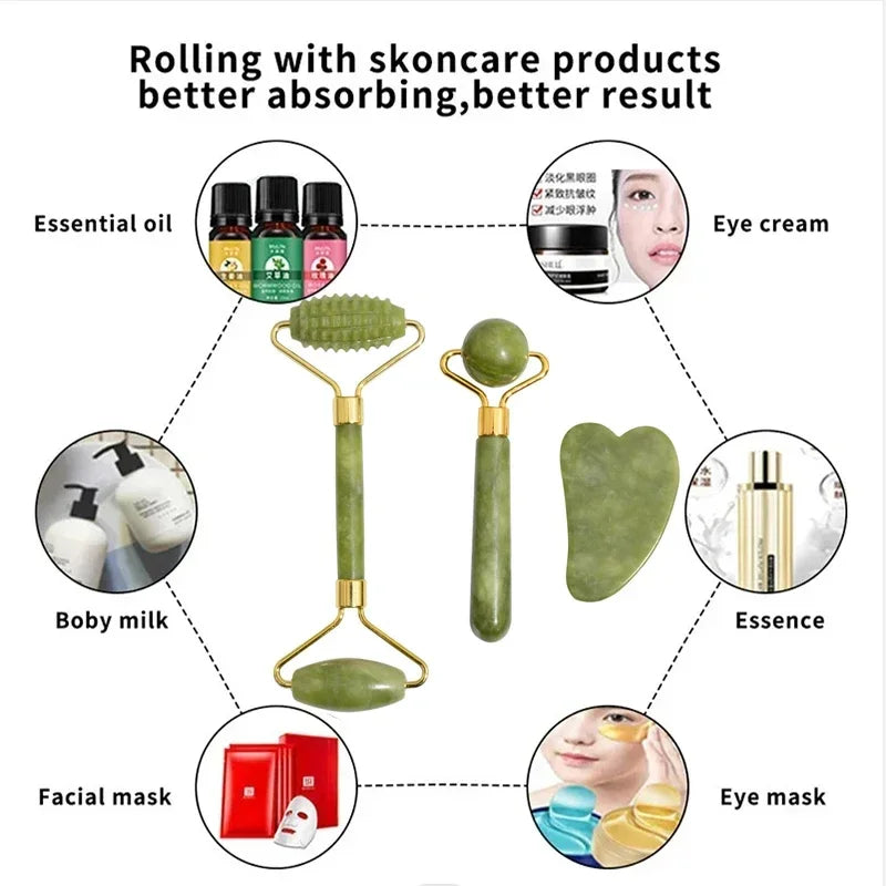 Jade Roller and Gua Sha Tool Options for Facial and Neck Massage, Manual Skincare Accessories in Individual Styles and Color-Labeled Sets for Adult Self-Care