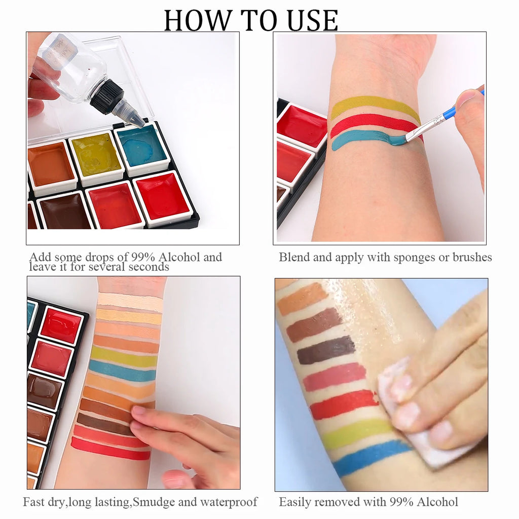 Alcohol Activated SFX Makeup Palette by Depvision with 12 Listed Colors for Simulated Bruise and Wound Effects, Halloween Costume, Cosplay and Stage Styling