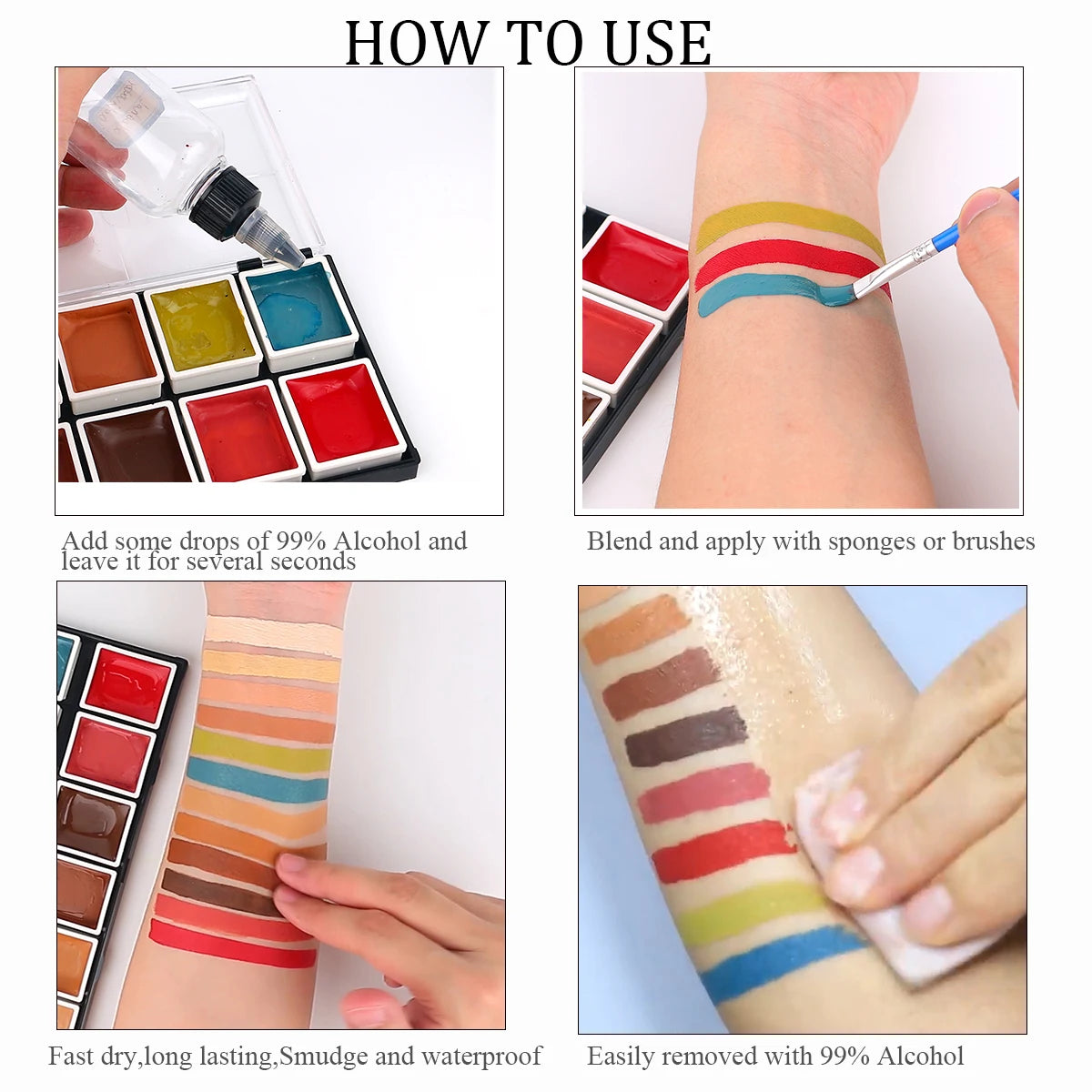 Alcohol Activated SFX Makeup Palette by Depvision with 12 Listed Colors for Simulated Bruise and Wound Effects, Halloween Costume, Cosplay and Stage Styling