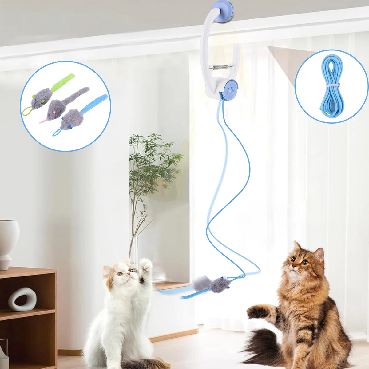Rechargeable Door Hanging Cat Toy with Three Modes, Retractable Teaser Rope and Three Catnip Mouse Accessories, Blue Indoor Toy for Supervised Play
