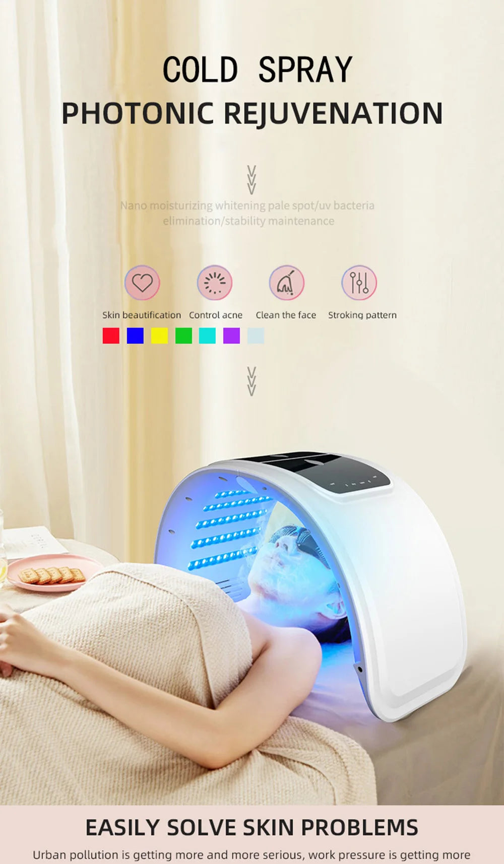 Facial LED Beauty Machine with Seven Listed Light Colors and Spray Option, 10W DC 12V Device with Adapter and Eyeshade References for At-Home Beauty Routines
