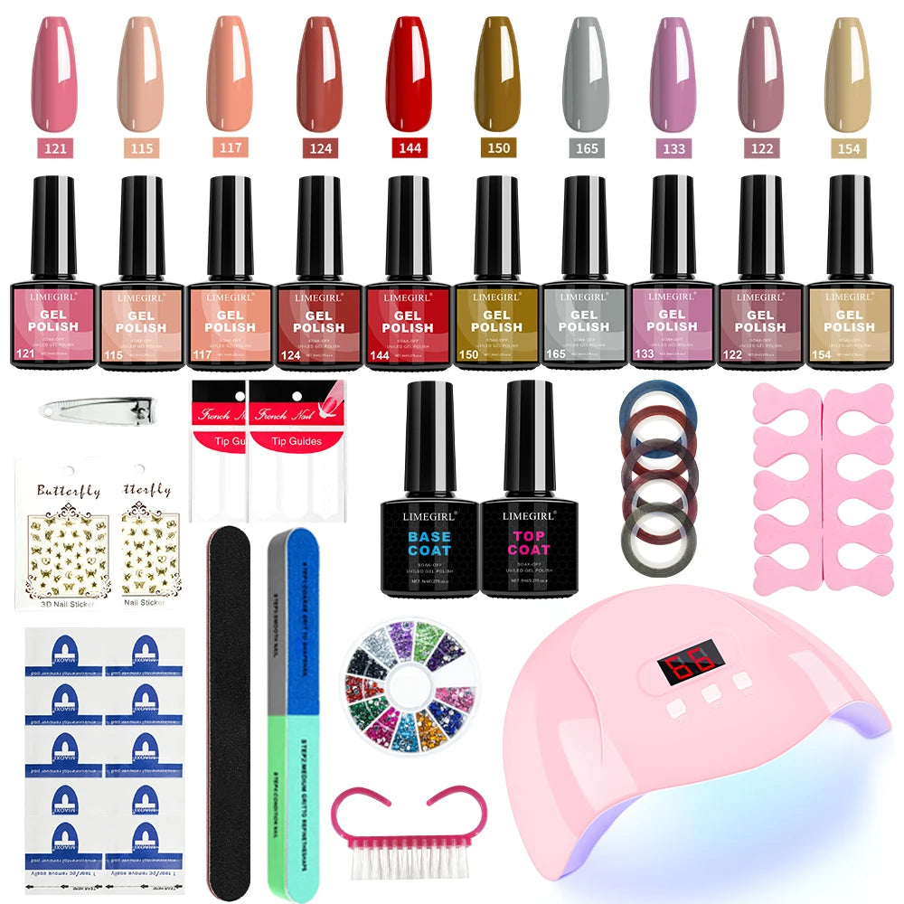USB UV Lamp Gel Polish Kit by LIMEGIRL, 8ml Semi-Permanent Soak-Off Nail Polish with Listed Base and Top Coat for DIY Manicure and Nail Art