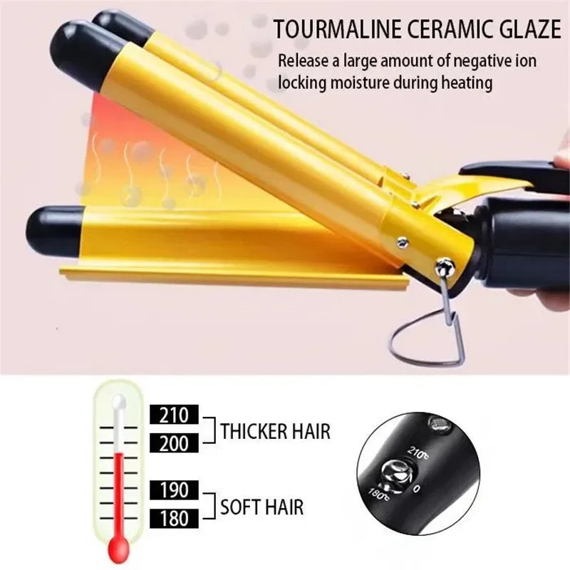 22mm Triple Barrel Hair Waver, Pink Wave Styling Iron with Ceramic Material Reference and UK, EU or US Plug Choices for Adult Hair Routines