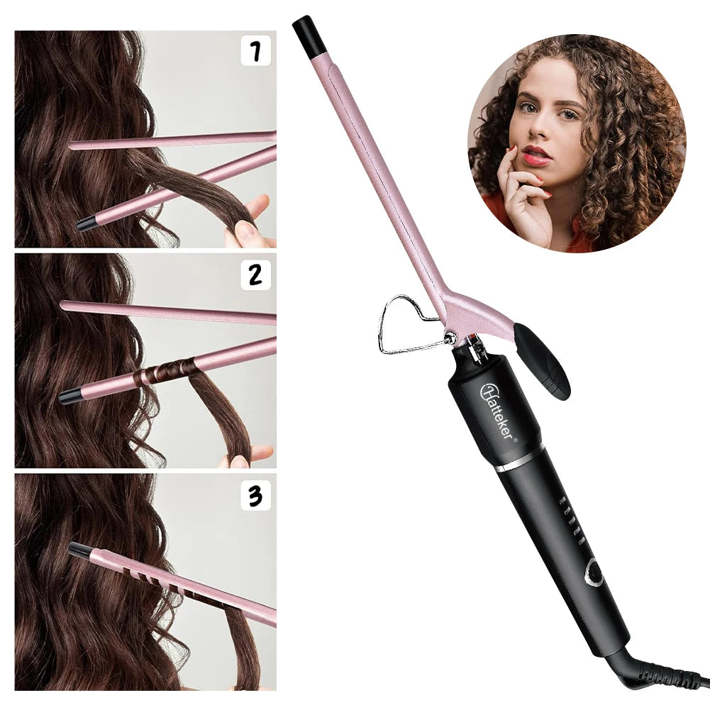 Hatteker 9mm Curling Wand, Slim Tourmaline Ceramic Barrel Hair Styling Iron with Listed 210–240V Rating and US, EU or UK Plug Options