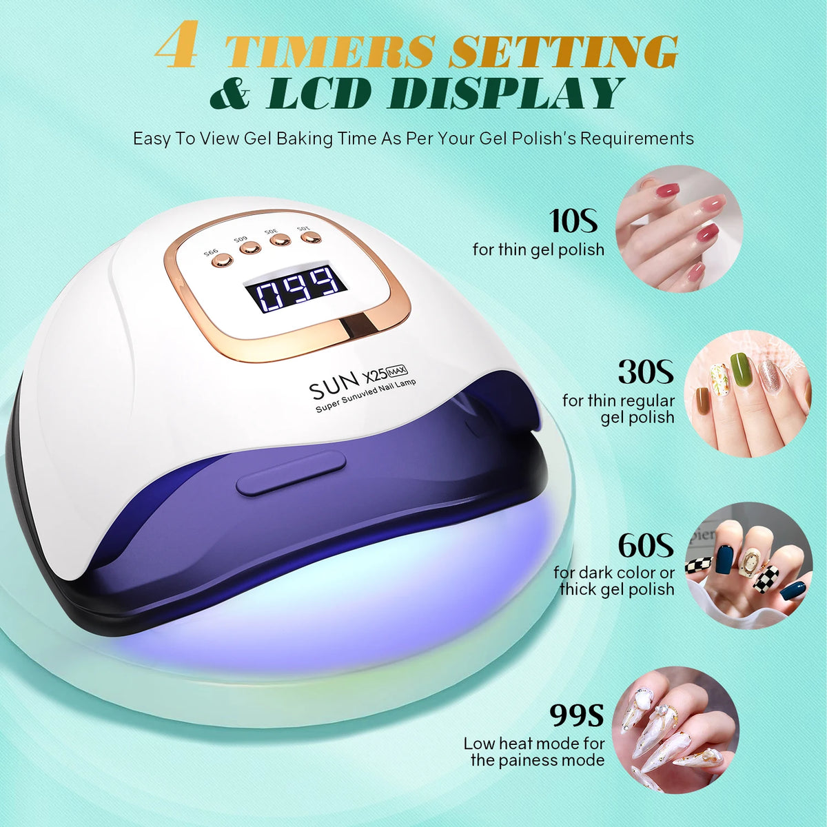 Gel Nail Curing Lamp with Four Timers, Auto Sensor and Removable Tray, Listed 81-LED SUN X25 MAX Specifications and X23, X25, X26 or X27 Options