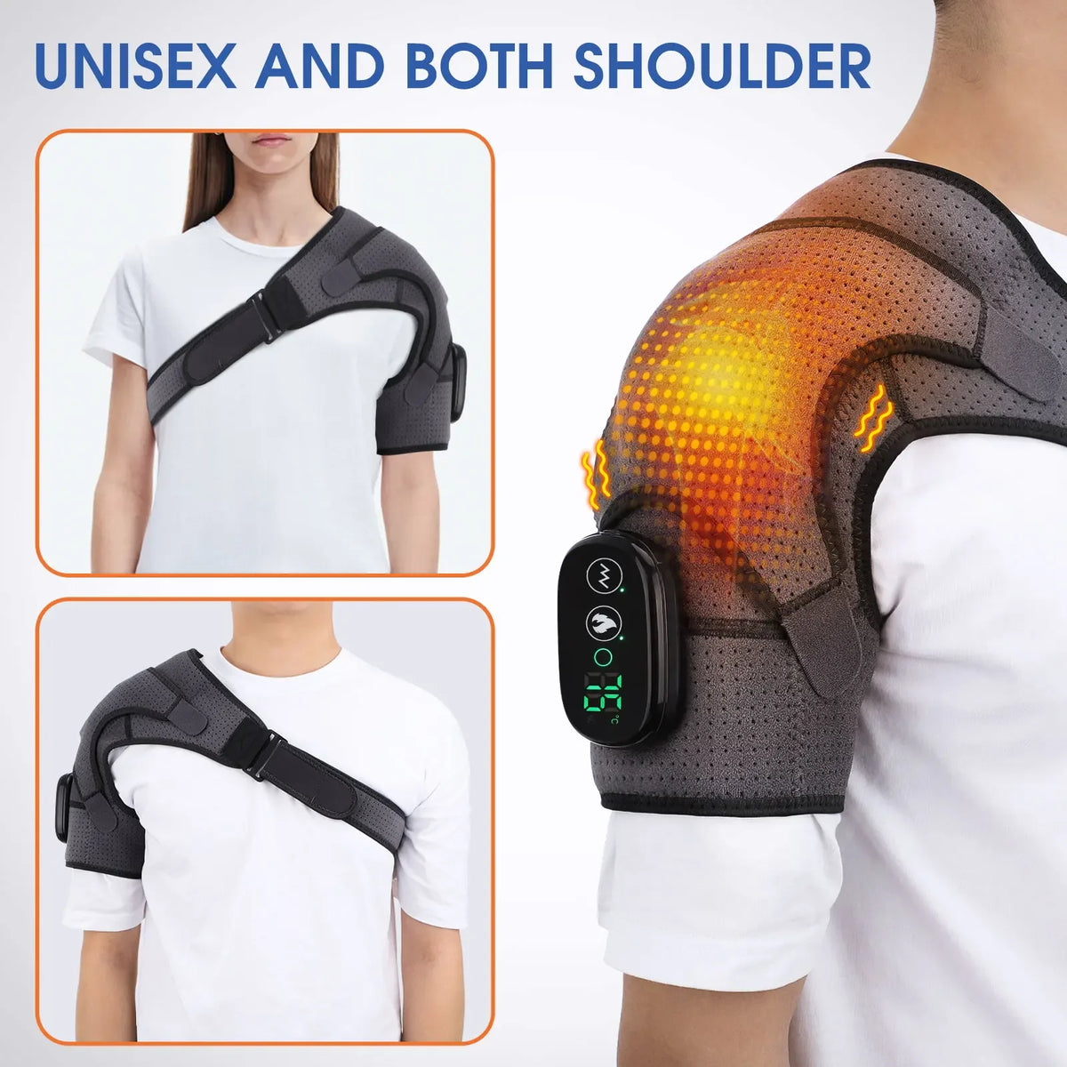 Electric Shoulder Heating Belt with Listed Adjustable Massage and Support Wrap Design, Gray, Black or Black-and-Gray Options for Adult At-Home Personal Care