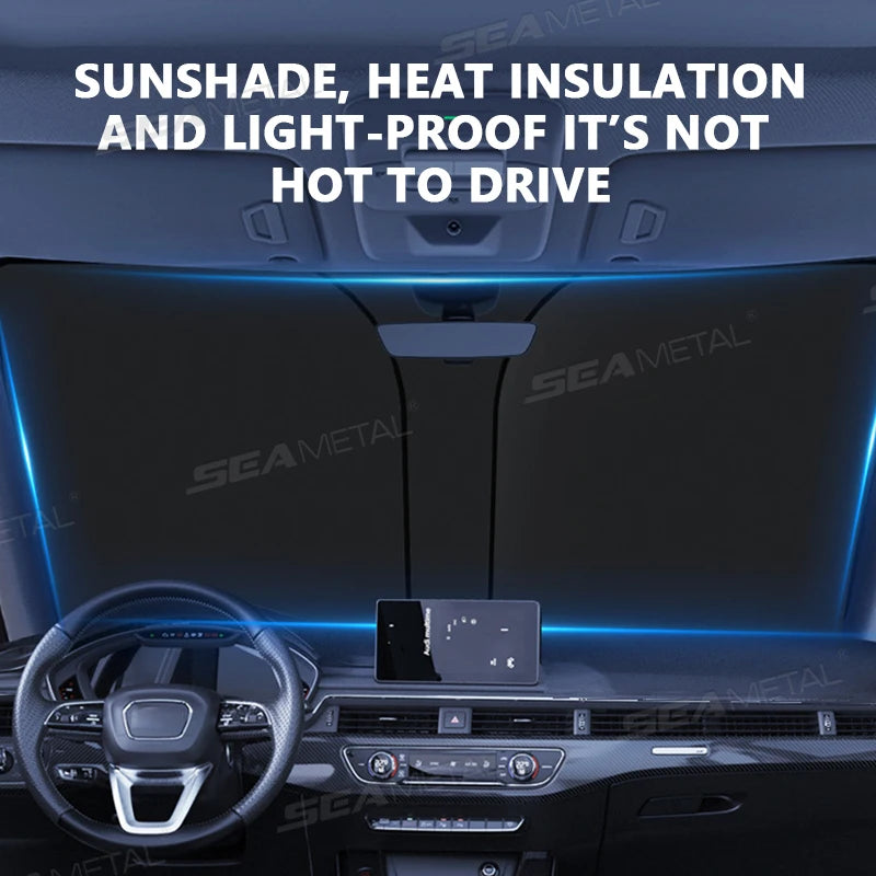 SEAMETAL Foldable Windshield Sun Shade in Silver with Reflective Material, Mirror Cutout and Wire Support, Small or Large Options for Parked Cars
