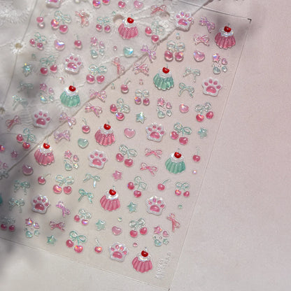 Jelly Nail Art Stickers with Cat Claw, Cherry and Bow Themes, Shiny 5D Self-Adhesive Nail Decals in TO5082 or TO5083 Styles for DIY Manicures