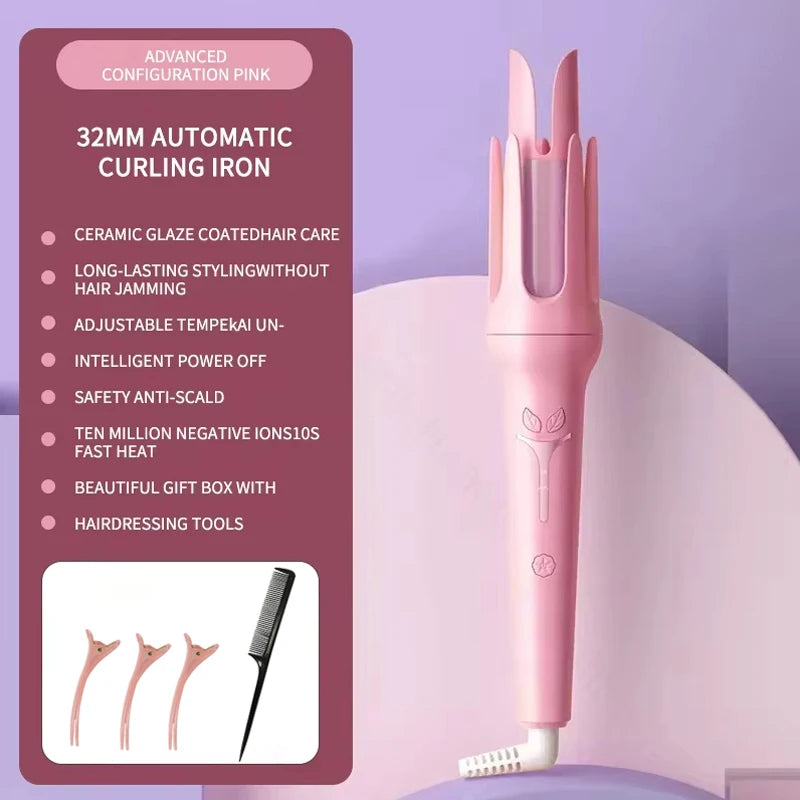 Bidirectional Automatic Curling Iron Model 391, Listed 32mm Ceramic Hair Curler with Three Described Heat Settings and 30-Minute Auto Shut-Off in Pink or Purple