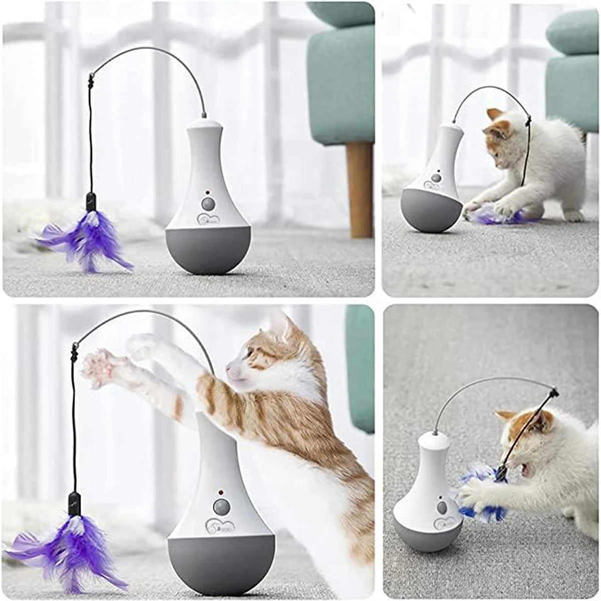 Automatic Feather Cat Toy by DOEL with 360-Degree Random Rotation, Two Interchangeable Feathers and 15-Minute Auto Shutoff for Supervised Indoor Play, White